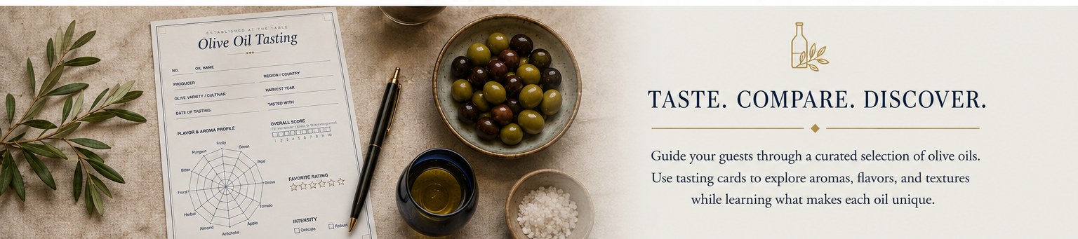 Taste, Compare, Discover — a close-up of an olive oil tasting card with a radar flavor profile, fields for oil name, producer, variety, region, and harvest year, photographed on a linen surface alongside a cobalt blue tasting cup, a small bowl of olives, sea salt, and sliced bread