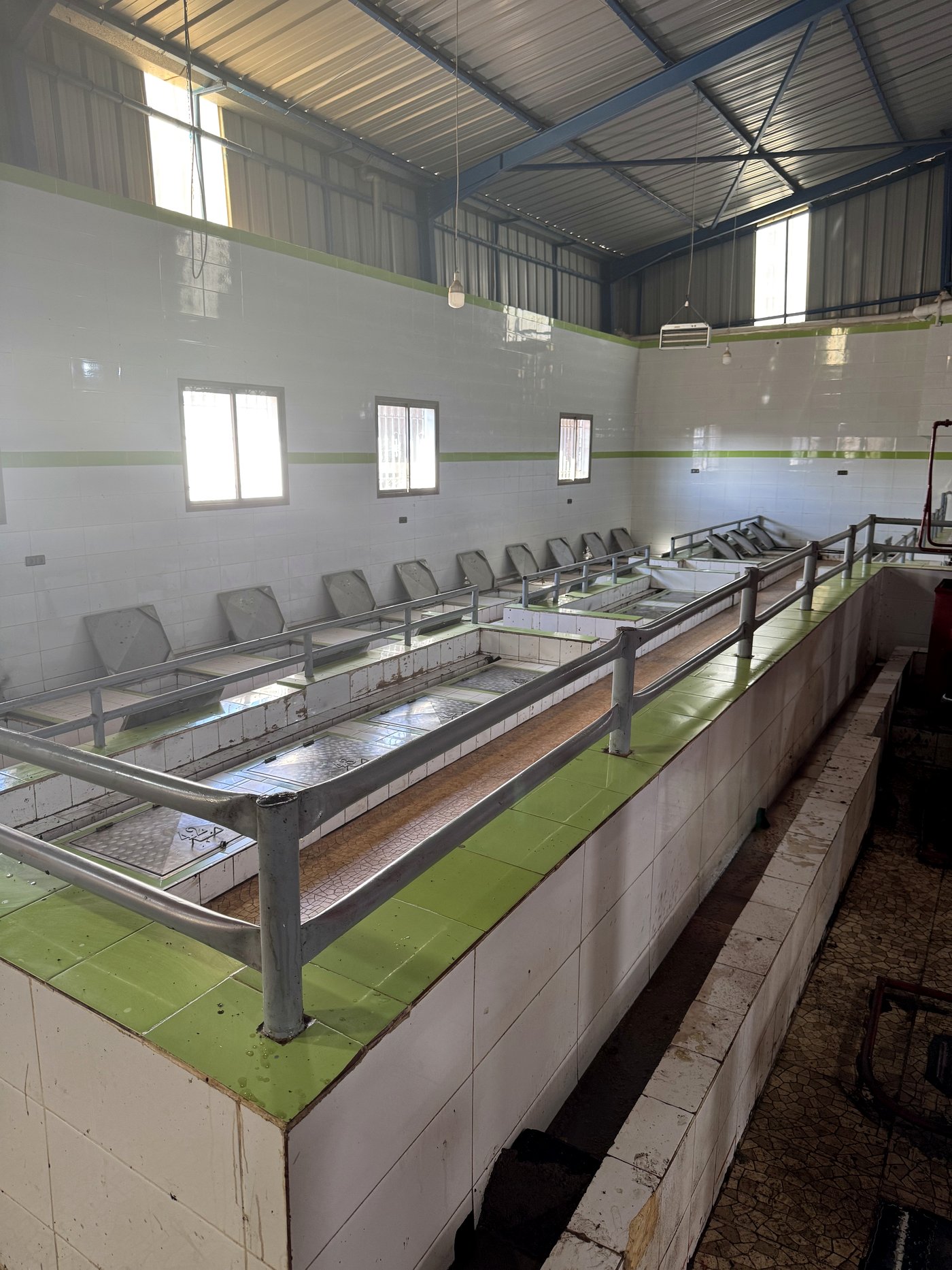 Inside the community press: long row of metal collection stations along the green-striped tile wall